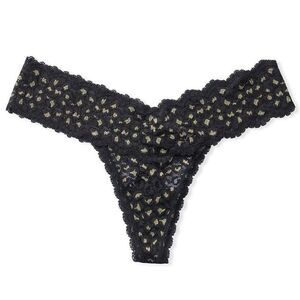 NWT (XXL) Victoria’s Secret Sparkly Black Lace Thong Panty Gold Shimmer Animal P